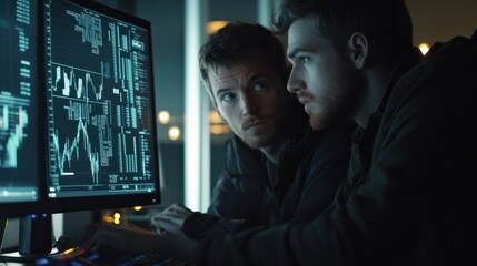 two men are looking at a computer screen with a lot of numbers and lines