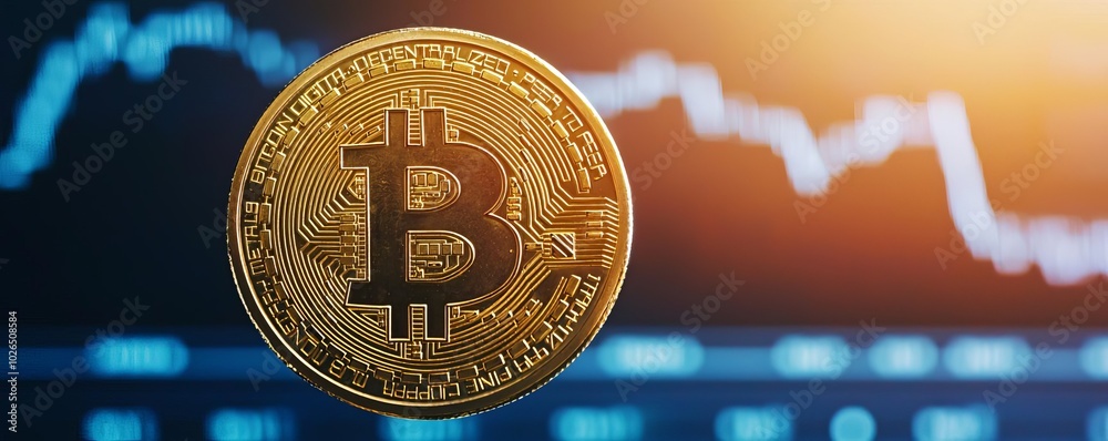 Golden Bitcoin floating in space with stock charts behind it reaching ...