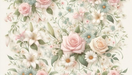  A delicate floral pattern featuring roses, lilies, and daisies in soft pastel colors.