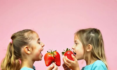 Wall Mural - Photo of cheerful adorable cute girls wear trendy clothes hold red strawberries isolated on pink color background

