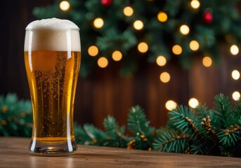 beer on the background of a Christmas tree