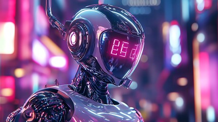 Aufkleber - Futuristic robot with glowing red digital display standing in a city with neon lights.