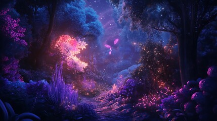 Poster - A mystical forest path at night with glowing trees and a flying creature.
