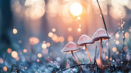 Aufkleber - Dewy Mushrooms in Soft Morning Light