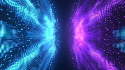 Poster - Abstract digital background with blue and purple lights, glowing streaks, and pixelated texture.
