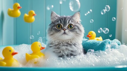 Poster - Cute Cat in Bubble Bath with Yellow Rubber Ducks