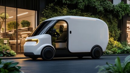 Electric delivery van parked by lush greenery at eco-friendly commercial hub, ideal for sustainable urban logistics