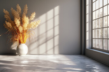 Sticker - A beautiful arrangement of pampas grass in a white vase adds warmth to a minimalist space, illuminated by soft sunlight streaming through large windows