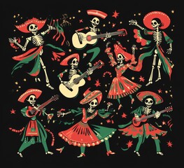 Wall Mural - Mexican Day of the Dead: Two Skeletons in Traditional Attire Dancing and Playing Guitar Against a Dark Green Background