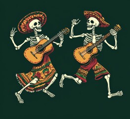 Wall Mural - Mexican Day of the Dead: Two Skeletons in Traditional Attire Dancing and Playing Guitar Against a Dark Green Background