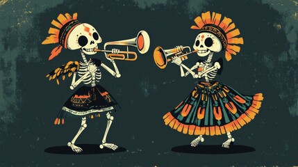 Wall Mural - Mexican Day of the Dead: Two Skeletons in Traditional Attire Dancing and Playing Guitar Against a Dark Green Background