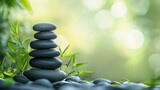 Stacked Stones and Bamboo Shoots in a Green Forest Setting