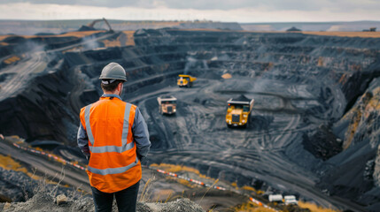 An engineer in a high visibility vest and hard hat stands at the edge of an open pit coal mine with trucks working inside, viewed from behind.