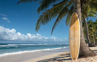 Wall Mural - A serene beach scene featuring a surfboard leaning against a tree on a sunny day