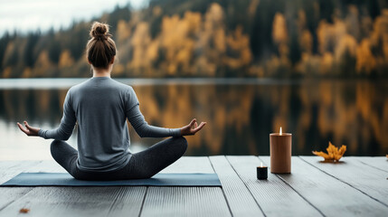 Poster - Woman practicing yoga meditation on a wooden dock by a lake in autumn scenery with candles