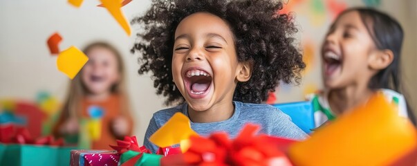 A group of children laughing as they unwrap holiday presents, colorful wrapping paper flying everywhere Children opening gifts, joyful moment, holiday surprise