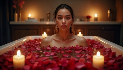 Young woman enjoying spiritual aura cleansing rose flower bath with rose petals and candles during full moon ritual. Body care and mental health routine