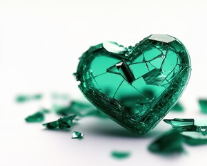 broken green glass heart on white isolated background.
