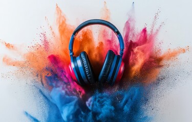 Wall Mural - Vibrant explosion of color behind headphones symbolizing music and sound innovation