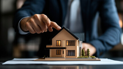 Close-up of a hand touching the roof of a small architectural model of a house on a table.