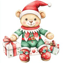 This charming illustration features a cute teddy bear dressed in an elf costume, surrounded by festive Christmas gifts, perfect for holiday-themed projects.