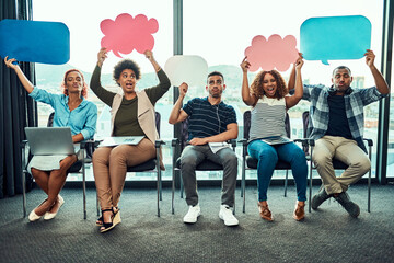 Sticker - Diversity, business people and speech bubbles for opinion, recruitment and feedback in creative workplace. Comic, happy employees and coworkers with onboarding, interview or collaboration for mockup