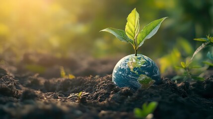 A small plant sprouts from the top of a globe, representing the growth and renewal of the Earth.