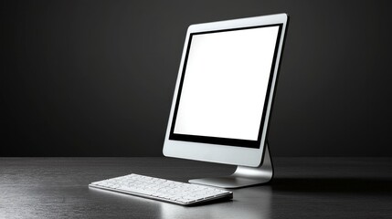 A computer monitor sits on a desk with a keyboard next to it