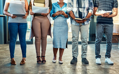 Poster - People, legs and waiting room with line for job opportunity, interview or career recruitment at office. Interns, group or row with creative candidates for internship, queue or recruiting and hiring