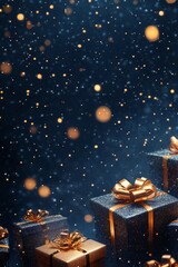 Wall Mural - Festively wrapped blue gifts with golden bows arranged on a starry table for a holiday celebration