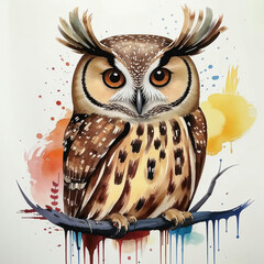 cute brown owl, forest bird, feather. watercolor illustration. artificial intelligence generator, AI, neural network image. background for the design.