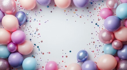 colorful arrangement of pastel balloons and confetti for a festive celebration backdrop