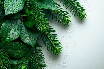 Canvas Print - Fresh green leaves and branches adorned with shimmering water droplets create an inviting and tranquil atmosphere, showcasing natures beauty on a clean backdrop