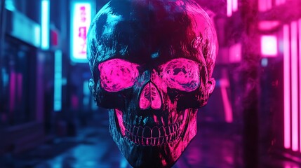 Poster - A glowing skull in a cyberpunk city, with neon lights reflecting off of it.