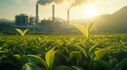 Tea plants flourish in the foreground as a power plant runs under bright sunlight