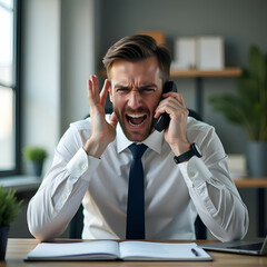 Angry man talking on phone, angry boss, office, businessman 