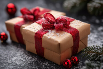 Two presents wrapped in festive paper with red bows sit in the snow, ready for gift-giving.