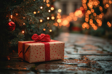 Poster - Christmas present box with red bow, surrounded by snowy landscape and twinkling lights, evoking holiday magic and festive joy.