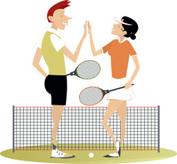 Tennis court. Man and woman play tennis.
Tennis court. Man and woman congratulate one another with a good game
