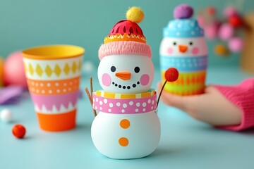 Paper snowman craft with colorful decorations and festive holiday theme on a pastel blue background