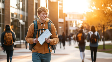 Wall Mural - Young student walking on a university campus with a backpack and document during sunset in the fall season.