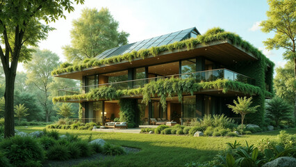 A modern, eco-friendly building integrated into nature, covered with green plants, with solar panels on the roof, surrounded by trees and natural light.