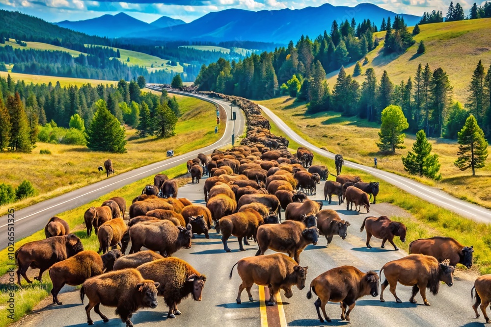 Breathtaking aerial drone photography captures a bison traffic jam in ...