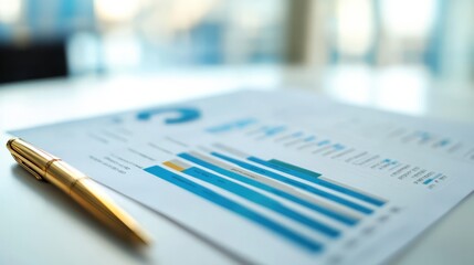 Poster - Financial Report Analysis: Close-up of a detailed financial report with bar and pie charts, accompanied by a gold pen, suggesting strategic planning and business analysis.