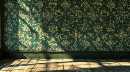 Wall Mural - Sunbeams illuminate a room with a vintage green patterned wallpaper and hardwood floor.