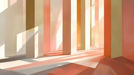 Wall Mural - Sunbeams stream through the columns of a modern minimalist room, casting long shadows on the floor.