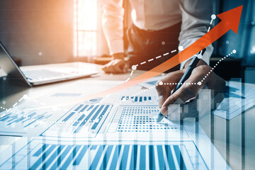 Poster - Double Exposure Image of Business and Finance - Businessman with report chart up forward to financial profit growth of stock market investment. uds