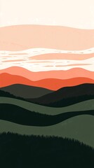 Wall Mural - A stylized illustration of a mountain range silhouetted against a vibrant sunset sky.