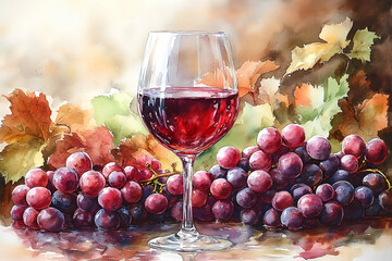 A glass of red wine is on a table with a bunch of grapes. The wine glass is half full, and the grapes are scattered around it. Concept of relaxation and enjoyment, as the wine