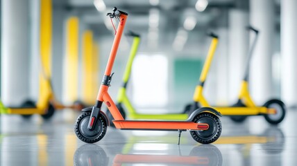 A vibrant orange electric scooter stands out in a modern urban environment with colorful scooters in the background.